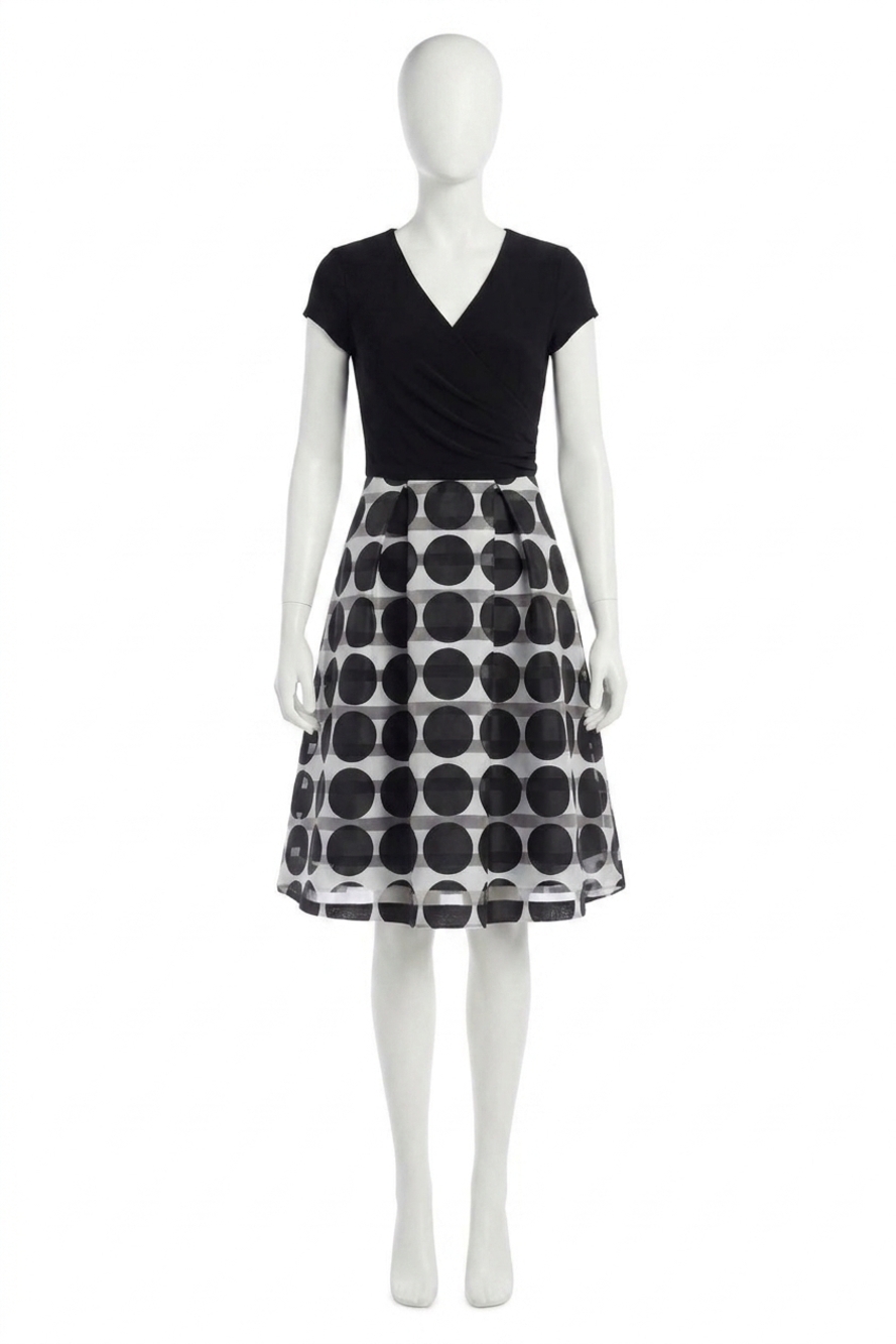 NEW JOSEPH RIBKOFF stripe polka dot fit and flare dress in black/vanilla
